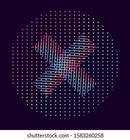 Illuminated holographic circle made of dots. Retrofuturistic illustration in 80s-90s Vaporwave, synthwave, retrowave style.