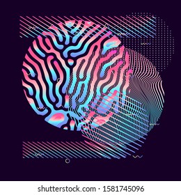 Illuminated holographic circles with glitched texture made by generative algorithm. Retrofuturistic illustration in 80s-90s Vaporwave, synthwave, retrowave style.