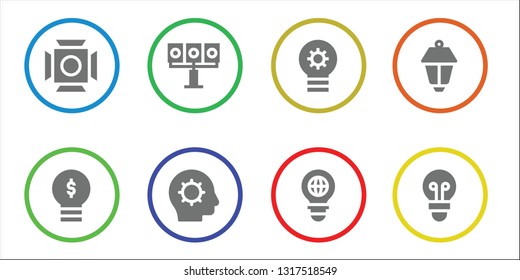 illuminated icon set. 8 filled illuminated icons.  Collection Of - Scenic Illumination, Lightbulb, Illumination, Inspiration, Bulb, Lamppost
