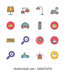illuminated icon set. vector set about traffic lights, zoom in, zoom out and parking icons set.