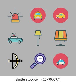 illuminated icon set. vector set about police car, lamp, zoom out and taxi icons set.