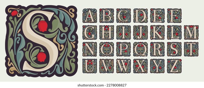 Illuminated initial Alphabet with curve leaf ornament and tulips. Medieval dim colored fancy drop cap logos. Gothic heraldry blackletter dark-age emblems. Perfect for luxury calligraphy with pattern.
