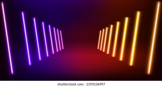 Illuminated interior with empty stage with neon glowing lamps. 3d vector illustration