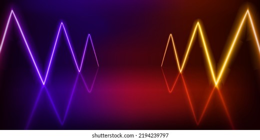 Illuminated interior with empty stage with neon glowing zigzag. 3d vector illustration