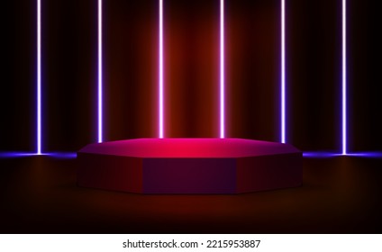 illuminated interior with red neon lights and circlr podium. 3d vector illustration