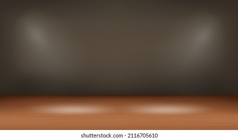 Beleuchtete Inneneinrichtung mit Holzboden. Vektorgrafik 3D 
