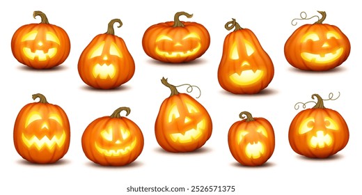 Jack-o-lanternas iluminadas com ícones de cores realísticos assustadores grimaces definidos. Tradicional Halloween abóboras símbolos 3d caracteres pacote