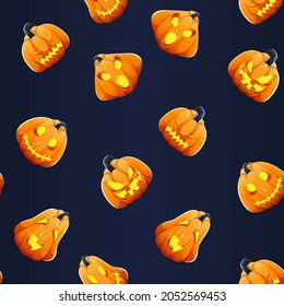 Illuminated Jack-O-Lanterns Seamless Pattern Background In Orange And Blue Color.