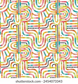 An illuminated journey through the cityscape with this abstract seamless pattern. Neon colored shapes glow brightly, resembling a futuristic maze or pipeline, adding a dynamic touch to your designs.