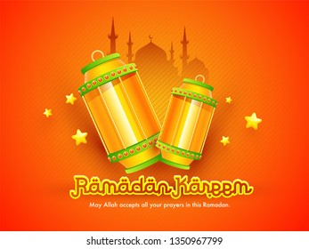 Illuminated lantern on shiny orange background for Holy Month of Muslim Community, Ramadan Kareem celebration poster or flyer design.