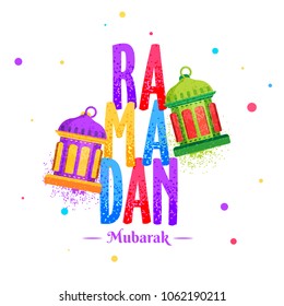 Illuminated lanterns with colorful text Ramadan on white background. Holy Islamic month Ramadan Mubarak celebration concept. 