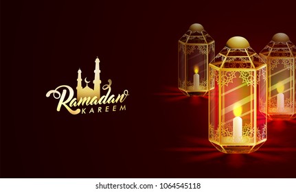 Linternas iluminadas con fondo marrón.  Concepto de celebración de Ramadan Kareem.