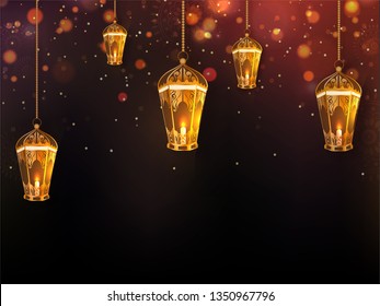 Illuminated lanterns on brown shiny background for Ramadan Kareem celebrations.