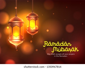 Illuminated lanterns on brown shiny background with stylish text of Ramadan Mubarak poster or flyer design.