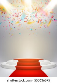 Illuminated light festive stage podium scene. Red circle podium on studio background with falling confetti. EPS 10 vector file included