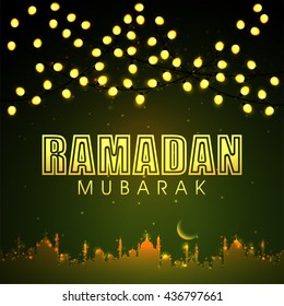 Illuminated lights and Glowing Mosque decorated greeting card design for Islamic Holy Month of Prayers, Ramadan Kareem celebration.
