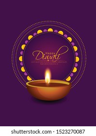 Illuminated Lit Lamps on beautiful floral Rangoli, Elegant Greeting Card, Creative Diwali Festive Background