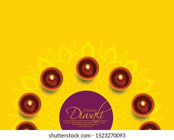Illuminated Lit Lamps on beautiful floral Rangoli, Elegant Greeting Card, Creative Diwali Festive Background