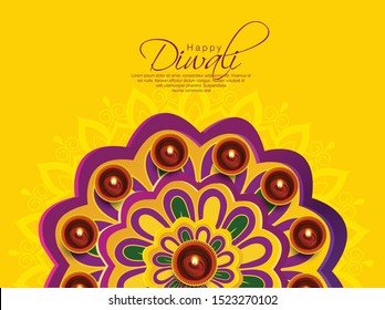 Illuminated Lit Lamps on beautiful floral Rangoli, Elegant Greeting Card, Creative Diwali Festive Background