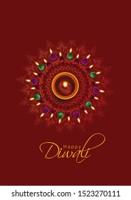 Illuminated Lit Lamps on beautiful floral Rangoli, Elegant Greeting Card, Creative Diwali Festive Background