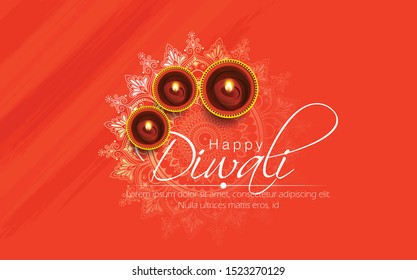 Illuminated Lit Lamps on beautiful floral Rangoli, Elegant Greeting Card, Creative Diwali Festive Background