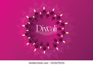 Illuminated Lit Lamps on beautiful floral Rangoli, Elegant Greeting Card, Creative Diwali Festive Background