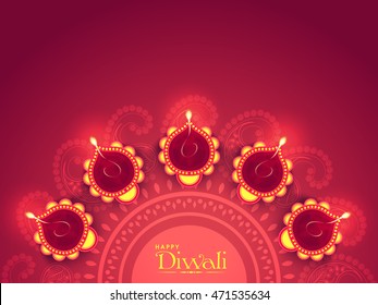 Illuminated Lit Lamps on beautiful floral Rangoli, Elegant Greeting Card, Creative Diwali Festive Background, Vector Illustration for Indian Festival of Lights Celebration.