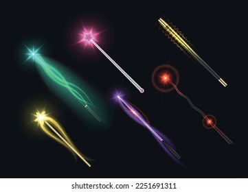Illuminated magic wands spells shiny fire trail glow sparkle light effect set realistic vector illustration. Fairy tale miracle wizard power sorcery energy alchemy witchcraft stick swirl imagination