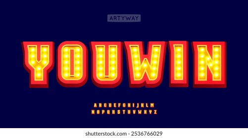 Illuminated marquee alphabet, bold glowing lights letters, retro carnival style font, 3D casino typography, flashy entertainment typographic design, festive logo and headline. Vector typeset.