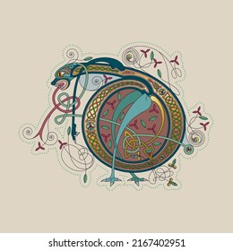 Illuminated, Medieval Initial Letter D Combining Animal Body Parts From A Dog, Tendrils And Endless Celtic Knot Ornaments