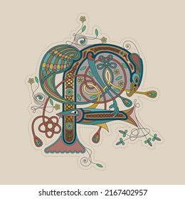 Illuminated, Medieval Initial Letter F combining animal body parts from an Eagle, a Fish, tendrils and endless Celtic knot ornaments