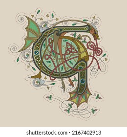 Illuminated, Medieval Initial Letter G Combining Animal Body Parts From A Dog And A Dragon, Tendrils And Endless Celtic Knot Ornaments