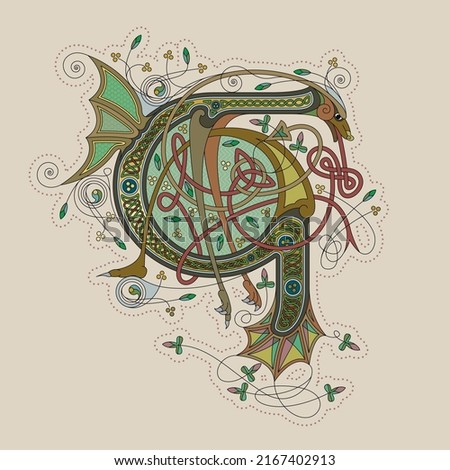 Illuminated, Medieval Initial Letter G combining animal body parts from a Dog and a Dragon, tendrils and endless Celtic knot ornaments
