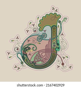 Illuminated, Medieval Initial Letter J combining animal body parts from a Parrot, tendrils and endless Celtic knot ornaments