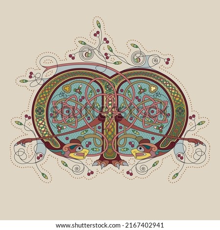 Illuminated, Medieval Initial Letter M combining animal body parts from Vultures, tendrils and endless Celtic knot ornaments