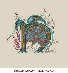 Illuminated, Medieval Initial Letter N Combining Animal Body Parts From A Horse, Tendrils And Endless Celtic Knot Ornaments