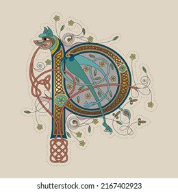 Illuminated, Medieval Initial Letter P combining animal body parts from a Dog, tendrils and endless Celtic knot ornaments - Shutterstock ID 2167402923