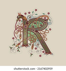 Illuminated, Medieval Initial Letter R Combining Animal Body Parts From A Jackal, Tendrils And Endless Celtic Knot Ornaments