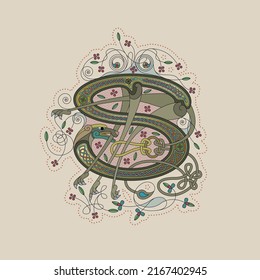 Illuminated, Medieval Initial Letter S combining animal body parts from a Lion, tendrils and endless Celtic knot ornaments