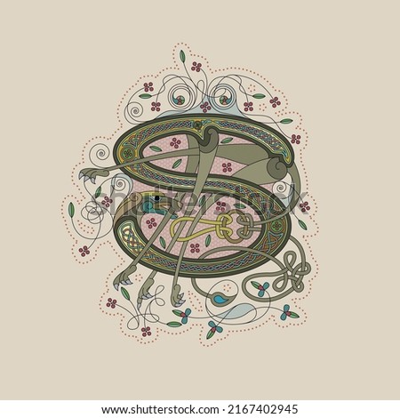 Illuminated, Medieval Initial Letter S combining animal body parts from a Lion, tendrils and endless Celtic knot ornaments