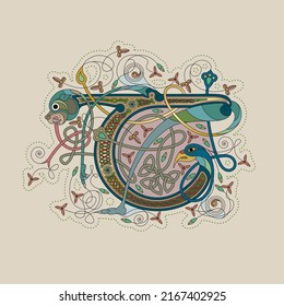 Illuminated, Medieval Initial Letter T Combining Animal Body Parts From A Dog And A Swan, Tendrils And Endless Celtic Knot Ornaments