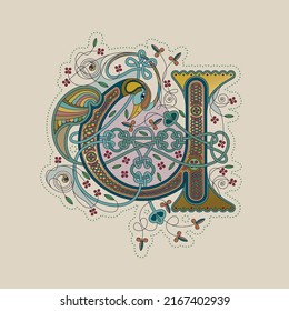 Illuminated, Medieval Initial Letter U Combining Animal Body Parts From A Swan, Tendrils And Endless Celtic Knot Ornaments