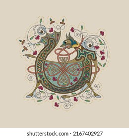 Illuminated, Medieval Initial Letter V Combining Animal Body Parts From A Dog And A Dragonfish, Tendrils And Endless Celtic Knot Ornaments