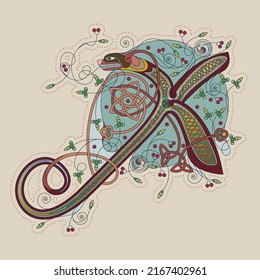 Illuminated, Medieval Initial Letter X combining animal body parts from a Dog and a Dragonfly, tendrils and endless Celtic knot ornaments