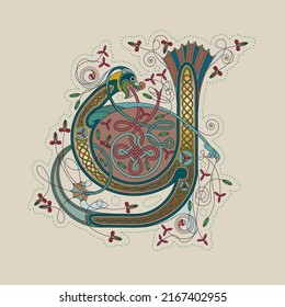 Illuminated, Medieval Initial Letter Y combining animal body parts from a Dog and A Fish, tendrils and endless Celtic knot ornaments