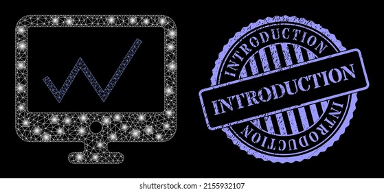 Illuminated mesh chart monitoring with glowing spots, and Introduction blue round rubber seal imitation. Vector constellation created from chart monitoring icon.