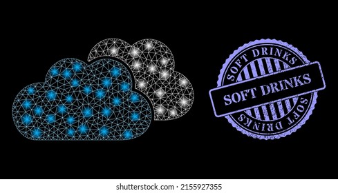 Illuminated mesh clouds with light spots, and Soft Drinks blue round rubber watermark. Vector carcass created from clouds icon. Illuminated carcass mesh clouds.