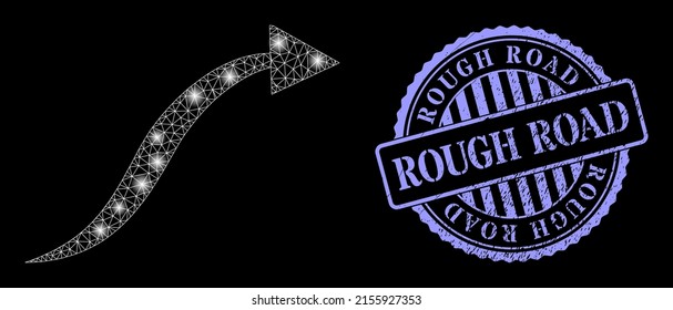 Illuminated mesh curve arrow with lightspots, and Rough Road blue round scratched stamp. Vector grid created from curve arrow icon. Illuminated carcass polygonal curve arrow.