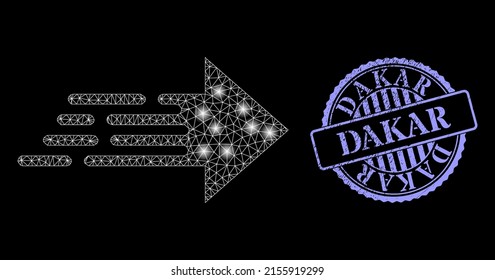 Illuminated mesh express movement arrow with lightspots, and Dakar blue round dirty stamp seal. Vector frame created from express movement arrow icon.