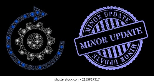 Illuminated mesh gear rotation with lightspots, and Minor Update blue round dirty stamp seal. Vector carcass based on gear rotation icon. Bright carcass mesh gear rotation.